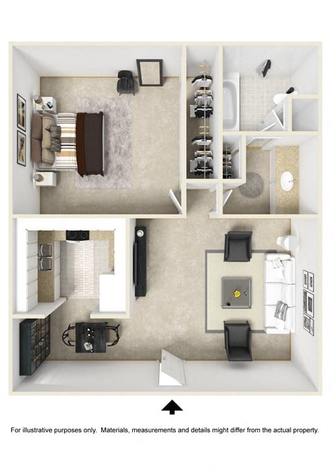 Floor plan for 1 bed, 1 bath, 650 sqft
